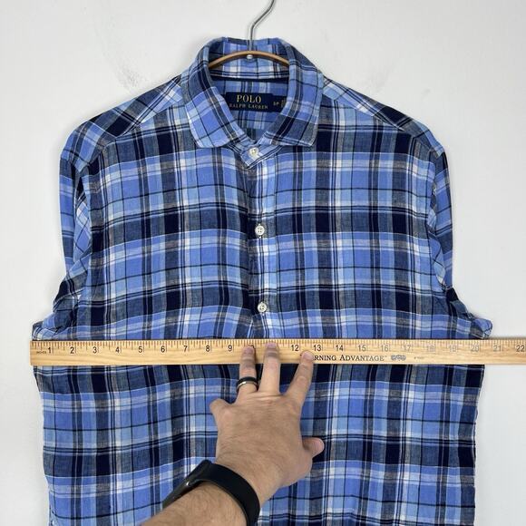 Polo Ralph Lauren Shirt Men’s Small 100% Linen Button Up Blue Plaid Long Sleeve - Picture 8 of 8